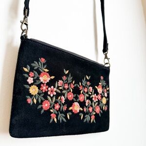 Suede and Fabric Embroidered Floral Crossbody Bag with Suede and Fabric Strap